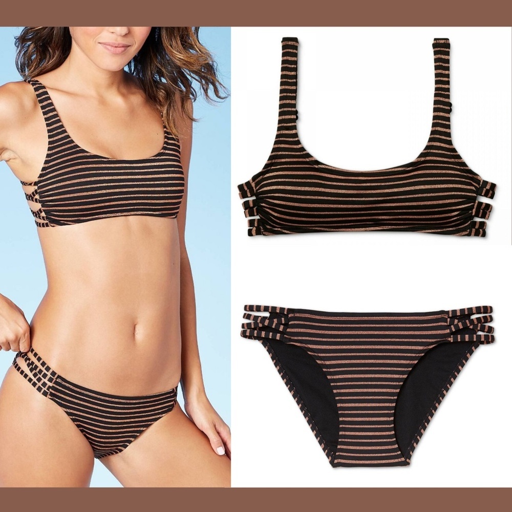 NWT $33 Xhilaration Metallic Strappy Bralette Bikini Top‎ + Bottom [SZ XS ]